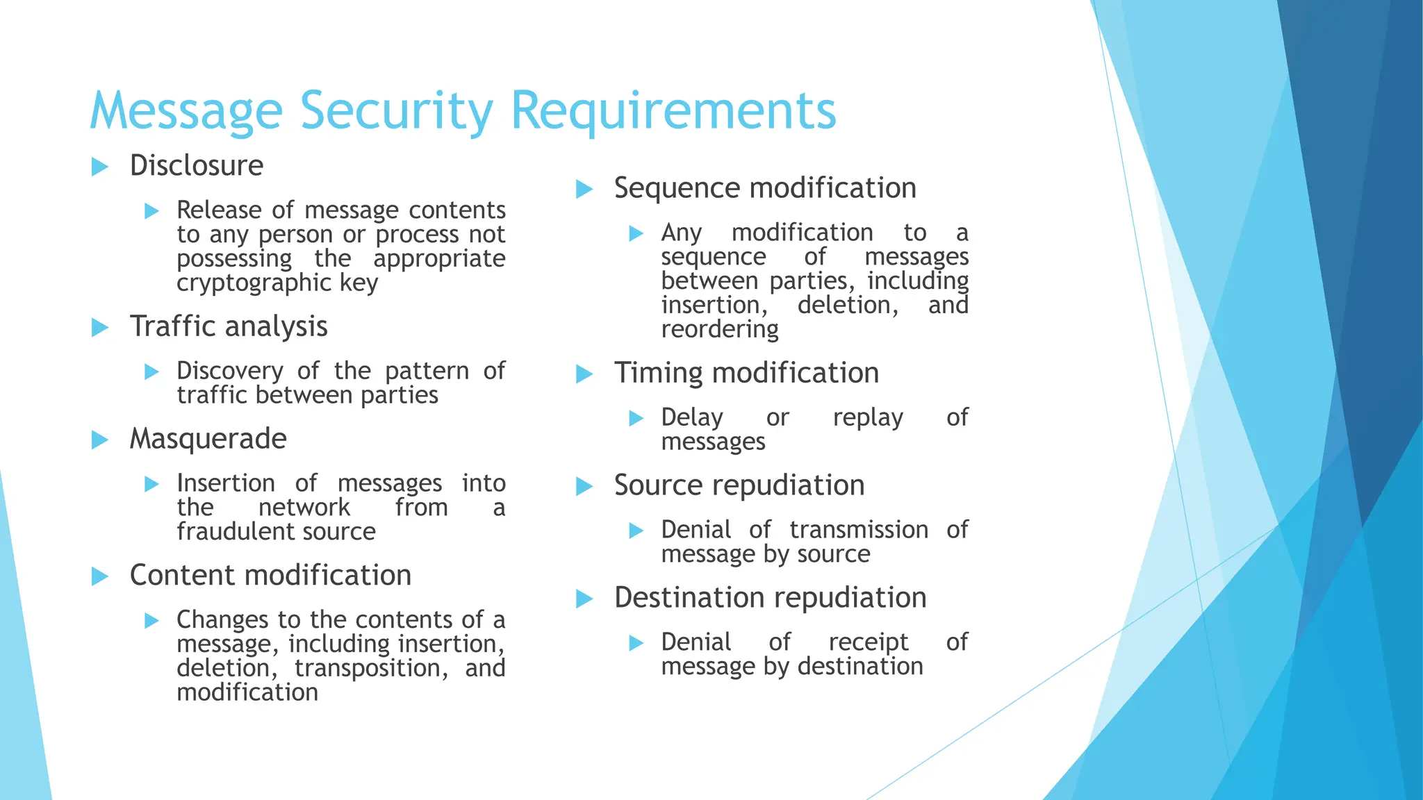 Message Security Requirements
 Disclosure
 Release of message contents
to any person or process not
possessing the appropriate
cryptographic key
 Traffic analysis
 Discovery of the pattern of
traffic between parties
 Masquerade
 Insertion of messages into
the network from a
fraudulent source
 Content modification
 Changes to the contents of a
message, including insertion,
deletion, transposition, and
modification
 Sequence modification
 Any modification to a
sequence of messages
between parties, including
insertion, deletion, and
reordering
 Timing modification
 Delay or replay of
messages
 Source repudiation
 Denial of transmission of
message by source
 Destination repudiation
 Denial of receipt of
message by destination
 