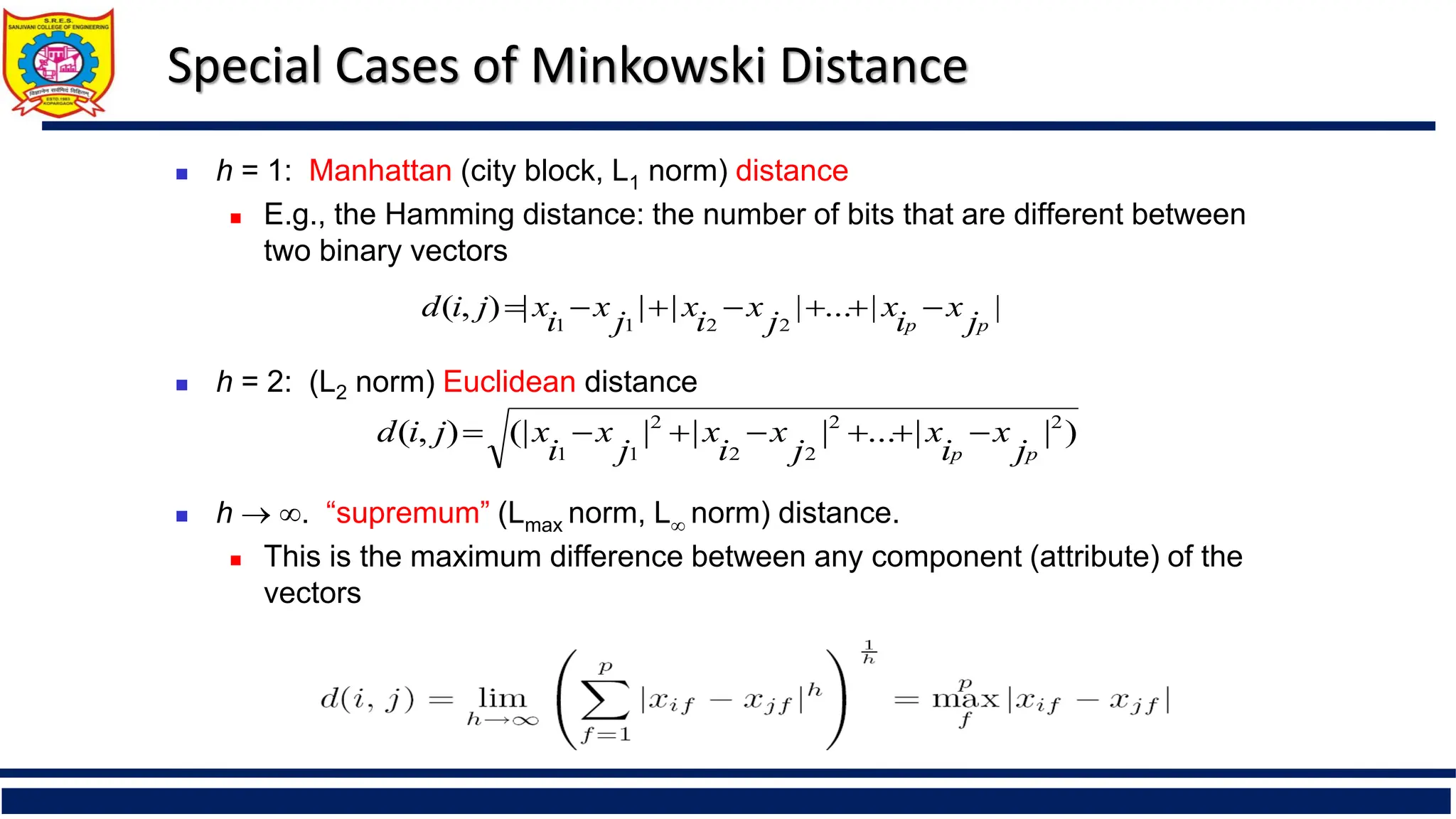 Special Cases of Minkowski Distance
 h = 1: Manhattan (city block, L1 norm) distance
 E.g., the Hamming distance: the number of bits that are different between
two binary vectors
 h = 2: (L2 norm) Euclidean distance
 h  . “supremum” (Lmax norm, L norm) distance.
 This is the maximum difference between any component (attribute) of the
vectors
)
|
|
...
|
|
|
(|
)
,
( 2
2
2
2
2
1
1 p
p j
x
i
x
j
x
i
x
j
x
i
x
j
i
d 






|
|
...
|
|
|
|
)
,
( 2
2
1
1 p
p j
x
i
x
j
x
i
x
j
x
i
x
j
i
d 






 