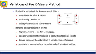 Variations of the K-Means Method
 Most of the variants of the k-means which differ in
 Selection of the initial k means
 Dissimilarity calculations
 Strategies to calculate cluster means
 Handling categorical data: k-modes
 Replacing means of clusters with modes
 Using new dissimilarity measures to deal with categorical objects
 Using a frequency-based method to update modes of clusters
 A mixture of categorical and numerical data: k-prototype method
 