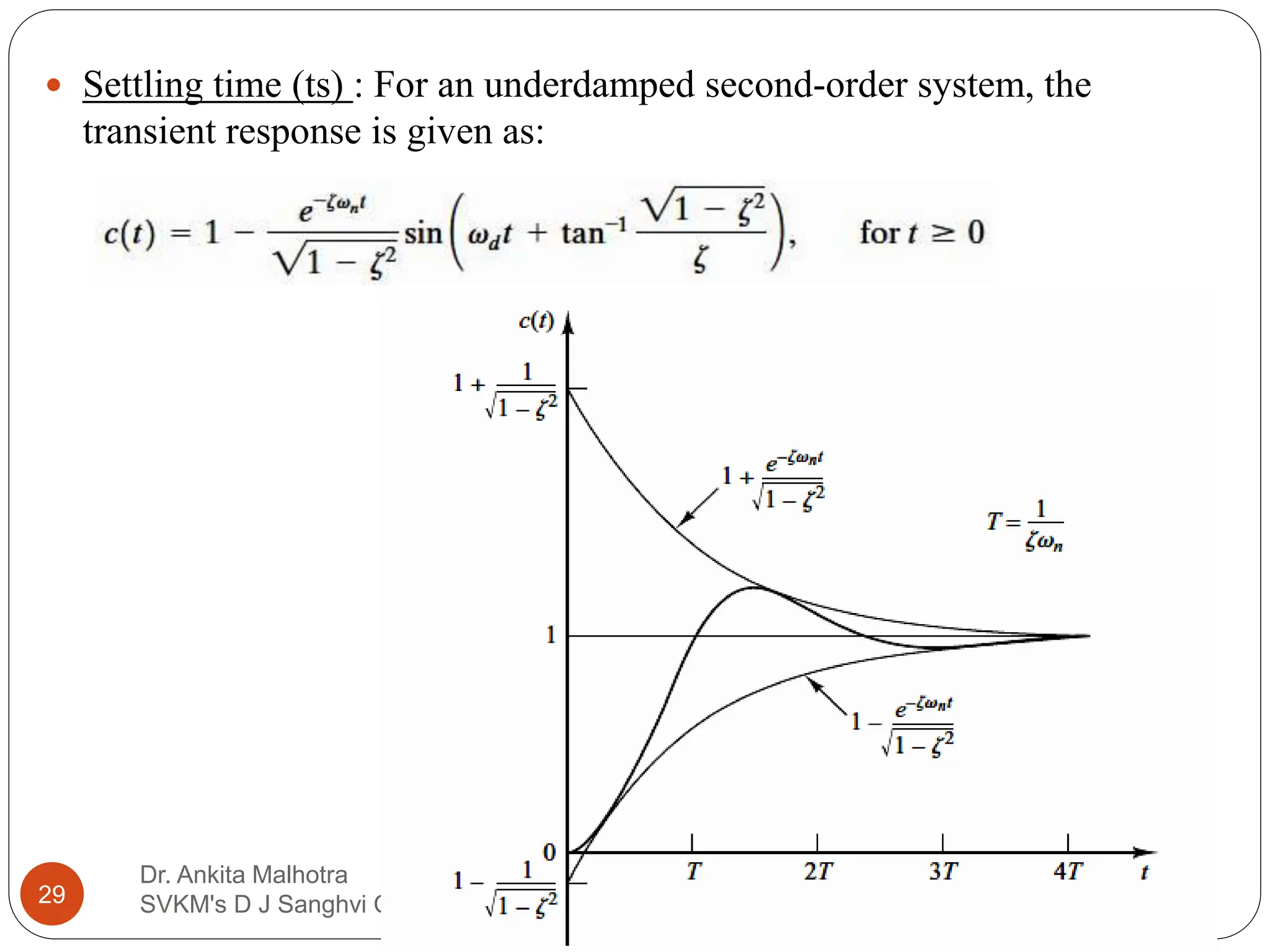 Dr. Ankita Malhotra
SVKM's D J Sanghvi College of Engineering
29
 Settling time (ts) : For an underdamped second-order system, the
transient response is given as:
 