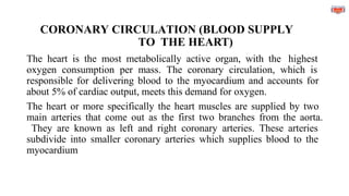 CORONARY CIRCULATION (BLOOD SUPPLY
TO THE HEART)
The heart is the most metabolically active organ, with the highest
oxygen consumption per mass. The coronary circulation, which is
responsible for delivering blood to the myocardium and accounts for
about 5% of cardiac output, meets this demand for oxygen.
The heart or more specifically the heart muscles are supplied by two
main arteries that come out as the first two branches from the aorta.
They are known as left and right coronary arteries. These arteries
subdivide into smaller coronary arteries which supplies blood to the
myocardium
 