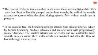 The content of elastic tissues in their walls make these arteries distensible. With
each heart beat as blood is pumped out in these vessels, the wall of the vessels
expands to accommodate the blood during systolic flow without much rise in
pressure.
In the vascular tree, the branching of large arteries form smaller arteries, which
by further branching produce arterioles and metarterioles with progressively
smaller diameter. The smaller arteries and arterioles and meta-arterioles have
smooth muscles within their walls which can constrict and alter the flow of
blood through these arteries.
 