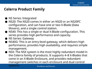 Excellence and Service
CHRIST
Deemed to be University
Celerra Product Family
● NS Series: Integrated
● NS20: The NS20 comes in either an NS20 or an NS20FC
configuration, and can have one or two X-Blade (Data
Movers), and a single control station.
● NS40: This has a single or dual X-Blade configuration. This
series provides high performance and capacity.
● NS Series: Gateway
● NS40G: This is an entry-level gateway, which delivers high
performance, provides high availability, and requires simple
management.
● NSX: The NSX system is the most highly redundant model in
the Celerra family of products. It supports 4–8 X-Blades that
come in an X-Blade Enclosure, and provides redundant
management switches in each enclosure and dual control
stations.
 