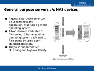 Excellence and Service
CHRIST
Deemed to be University
General purpose servers v/s NAS devices
● A general-purpose server can
be used to host any
application, as it runs a generic
operating system.
● A NAS device is dedicated to
file-serving. It has a real-time
operating system dedicated to
file serving by using open-
standard protocols.
● They also support native
clustering and high availability.
 
