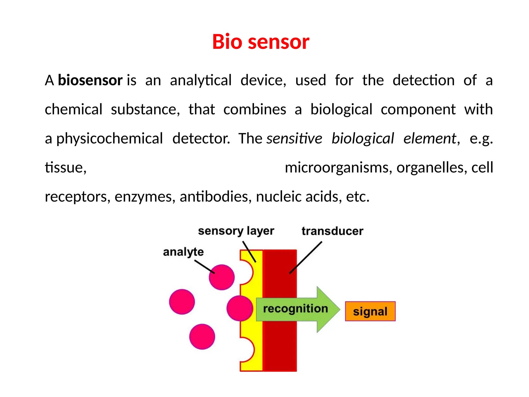 A biosensor is an analytical device, used for the detection of a
chemical substance, that combines a biological component with
a physicochemical detector. The sensitive biological element, e.g.
tissue, microorganisms, organelles, cell
receptors, enzymes, antibodies, nucleic acids, etc.
Bio sensor
 