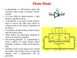 Photo Diode
• A photodiode is a PN-junction diode that
consumes light energy to produce electric
current.
• It is also called as photo-detector, a light
detector, and photo-sensor.
• A photodiode is one type of light detector,
used to convert the light into current or
voltage based on the mode of operation of
the device.
• It comprises of optical filters, built-in lenses
and also surface areas.
• These diodes are particularly designed to
work in reverse bias condition.
• The working principle of a photodiode is,
when a photon of ample energy strikes
the diode, it makes a couple of an electron-
hole.
• Therefore, holes in the region move toward
the anode, and electrons move toward the
cathode, and a photocurrent will be
generated.
 