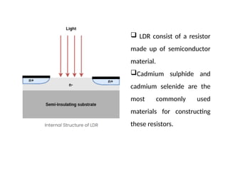  LDR consist of a resistor
made up of semiconductor
material.
Cadmium sulphide and
cadmium selenide are the
most commonly used
materials for constructing
these resistors.
 