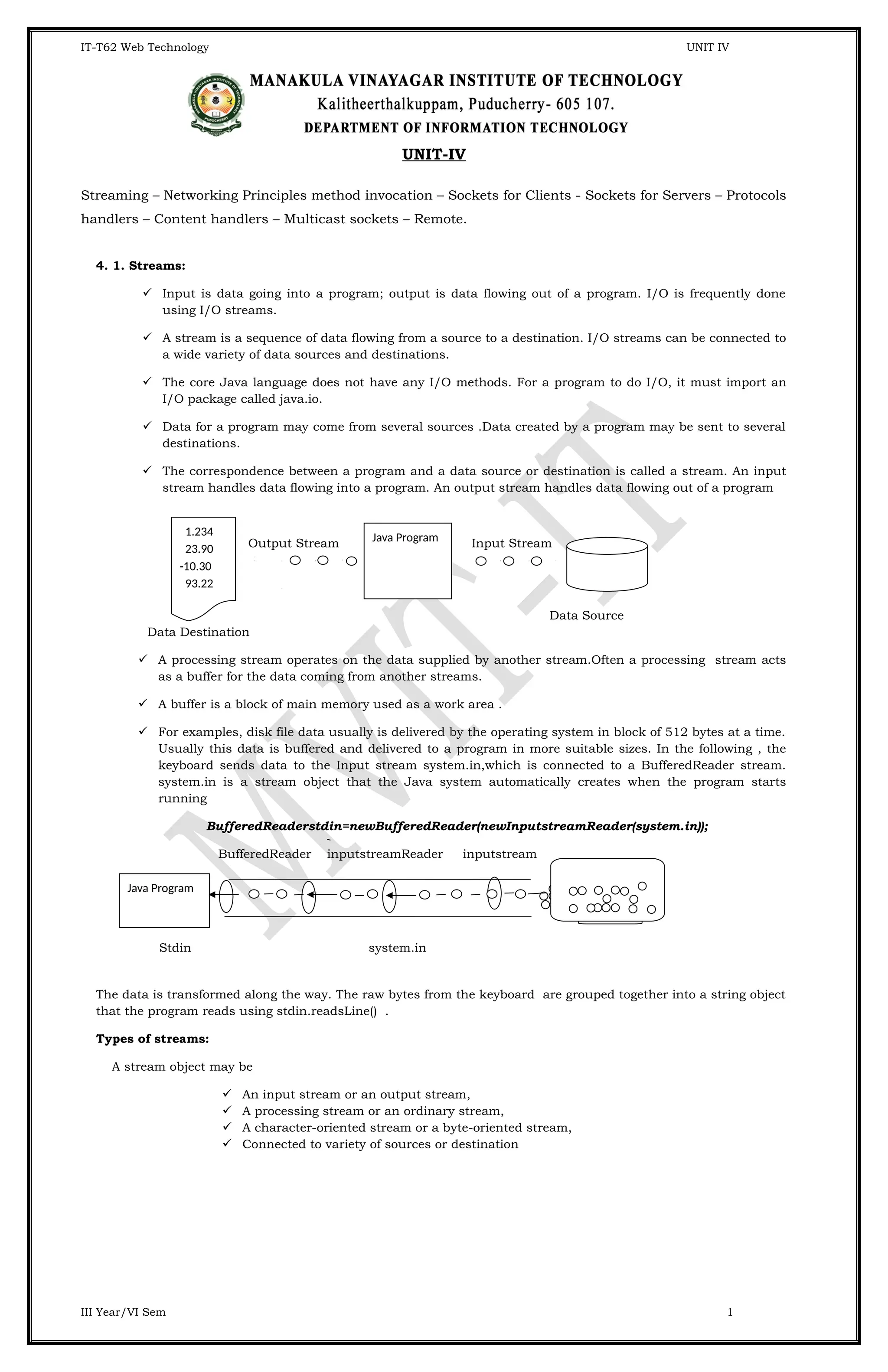 IT-T62 Web Technology UNIT IV UNIT-IV Streaming – Networking Principles method invocation – Sockets for Clients - Sockets for Servers – Protocols handlers – Content handlers – Multicast sockets – Remote. 4. 1. Streams:  Input is data going into a program; output is data flowing out of a program. I/O is frequently done using I/O streams.  A stream is a sequence of data flowing from a source to a destination. I/O streams can be connected to a wide variety of data sources and destinations.  The core Java language does not have any I/O methods. For a program to do I/O, it must import an I/O package called java.io.  Data for a program may come from several sources .Data created by a program may be sent to several destinations.  The correspondence between a program and a data source or destination is called a stream. An input stream handles data flowing into a program. An output stream handles data flowing out of a program Output Stream Input Stream Data Source Data Destination  A processing stream operates on the data supplied by another stream.Often a processing stream acts as a buffer for the data coming from another streams.  A buffer is a block of main memory used as a work area .  For examples, disk file data usually is delivered by the operating system in block of 512 bytes at a time. Usually this data is buffered and delivered to a program in more suitable sizes. In the following , the keyboard sends data to the Input stream system.in,which is connected to a BufferedReader stream. system.in is a stream object that the Java system automatically creates when the program starts running BufferedReaderstdin=newBufferedReader(newInputstreamReader(system.in)); BufferedReader inputstreamReader inputstream Stdin system.in The data is transformed along the way. The raw bytes from the keyboard are grouped together into a string object that the program reads using stdin.readsLine() . Types of streams: A stream object may be  An input stream or an output stream,  A processing stream or an ordinary stream,  A character-oriented stream or a byte-oriented stream,  Connected to variety of sources or destination III Year/VI Sem 1 Java Program 1.234 23.90 -10.30 93.22 Java Program 