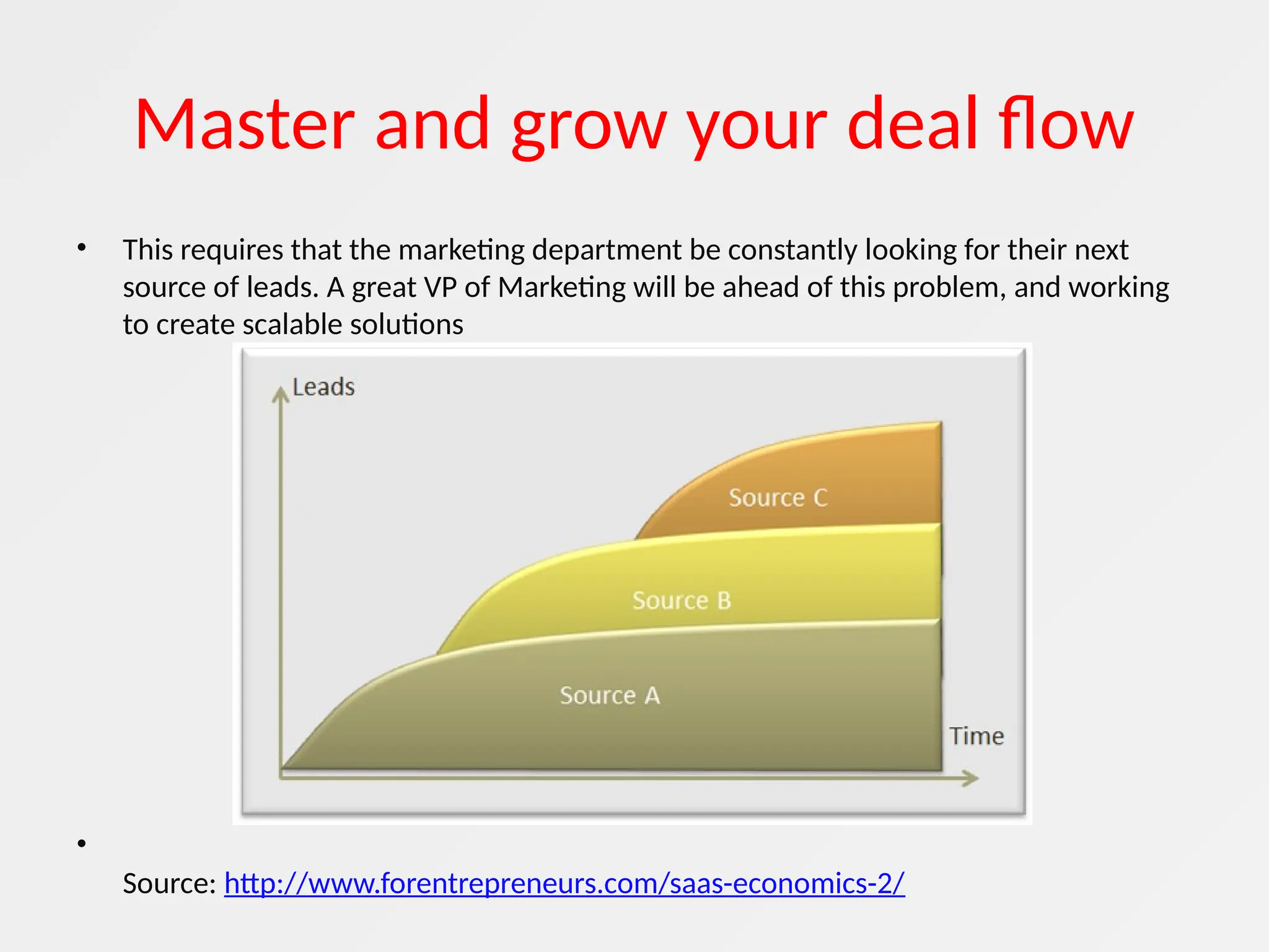 Master and grow your deal flow
• This requires that the marketing department be constantly looking for their next
source of leads. A great VP of Marketing will be ahead of this problem, and working
to create scalable solutions
•
Source: http://www.forentrepreneurs.com/saas-economics-2/
 