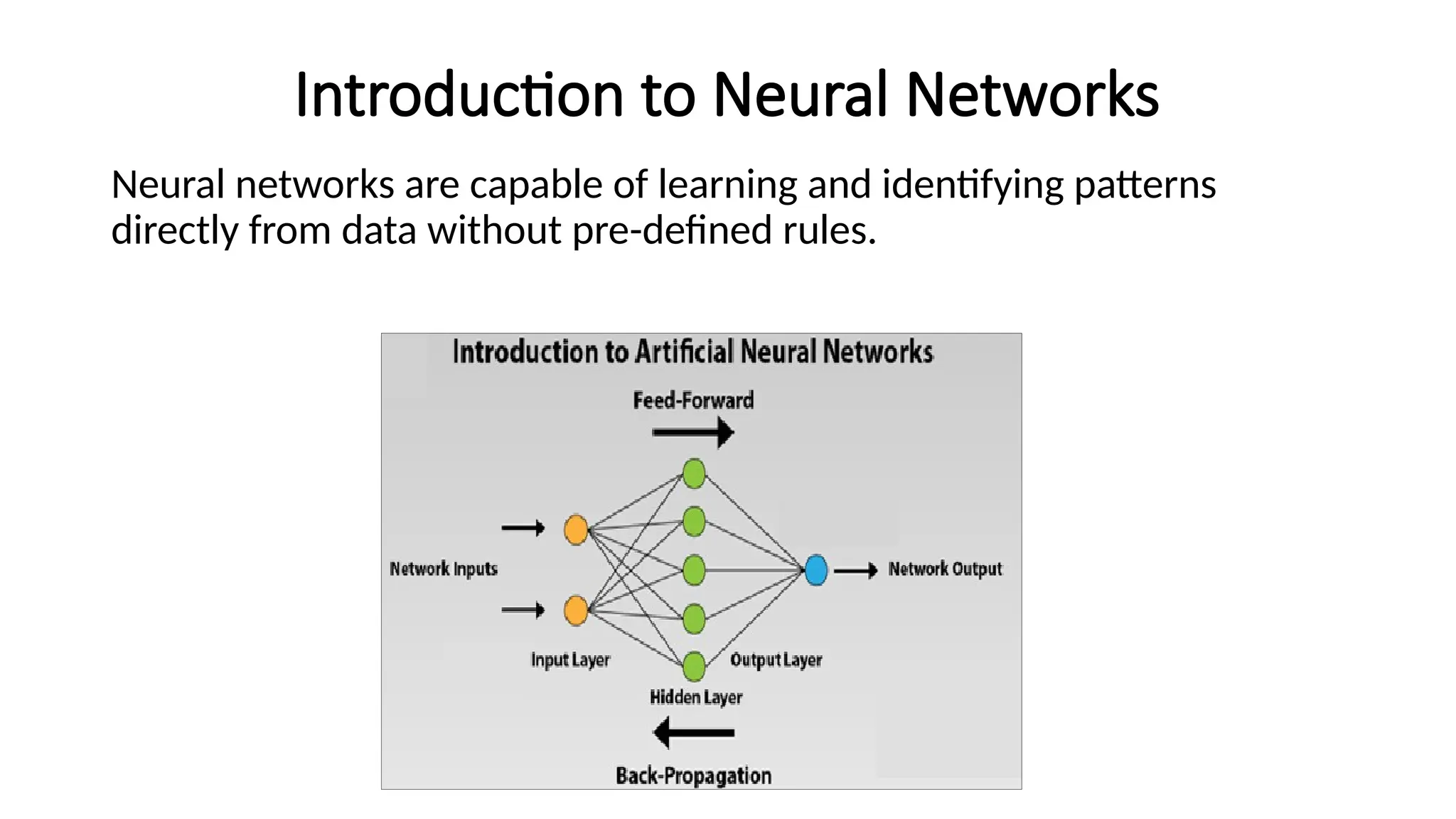 Introduction to Neural Networks
Neural networks are capable of learning and identifying patterns
directly from data without pre-defined rules.
 