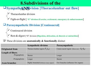 8.Subdivisions of the
ANS
Sympathetic Division [Thoracolumbar out flow]
 Thoracolumbar division
 Fight-or-flight [ “E” division (Exercise, excitement, emergency & embarrassment]
 Parasympathetic Division [Craniosacral]
 Craniosacral division
 Rest-&-digest [“D” division (Digestion, defecation, & diuresis or micturition]
 These divisions are anatomically & functionally distinct
27
Sympathetic division Parasympathetic
Originated from Thoraco-lumbar region (T1-L2) Cranio-sacral region (Brain stem + S2-S4)
Length of fibers:
-Preganglionic
-Postganglionic
Shorter Longer
Longer Shorter
Axon branches Highly branched (influence many organs) Few branches (influence few organs)
 