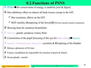 8.2.Functions of PSNS
 PSNS 🡆for conservation of energy, is anabolic [rest & digest]
 Has inhibitory effect on almost all body tissues except in the GIT.
 Has excitatory effects on the GIT.
 ⭡GIT motility [🠙emptying of the bowel]↑GI tract smooth muscles contraction
 Slowing heart & constricts bronchioles
 Salivary glands: produces watery fluid
 Constriction of the pupil [focusing of the eye for near vision]🡆myosis
 ⭡gastric, lacrimal,nasal, pancreatic secretion & 🠙Emptying of the bladder
 Relaxes sphincters of GI tract
 Causes vasodilation & responsible for erection of penis & clitoris
 Sweat glands: normal
38
🡑salivation, urination [micturition], digestion & defecation 🡆🠗[HR, diameter of airways & diameter of
pupil].
Most body structures receive dual innervations for better
control
 