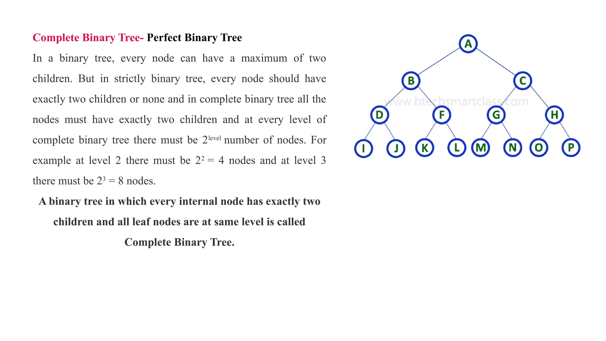 Complete Binary Tree- Perfect Binary Tree
In a binary tree, every node can have a maximum of two
children. But in strictly binary tree, every node should have
exactly two children or none and in complete binary tree all the
nodes must have exactly two children and at every level of
complete binary tree there must be 2level
number of nodes. For
example at level 2 there must be 22
= 4 nodes and at level 3
there must be 23
= 8 nodes.
A binary tree in which every internal node has exactly two
children and all leaf nodes are at same level is called
Complete Binary Tree.
 