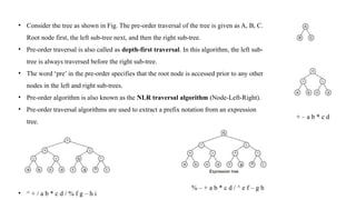 • Consider the tree as shown in Fig. The pre-order traversal of the tree is given as A, B, C.
Root node first, the left sub-tree next, and then the right sub-tree.
• Pre-order traversal is also called as depth-first traversal. In this algorithm, the left sub-
tree is always traversed before the right sub-tree.
• The word ‘pre’ in the pre-order specifies that the root node is accessed prior to any other
nodes in the left and right sub-trees.
• Pre-order algorithm is also known as the NLR traversal algorithm (Node-Left-Right).
• Pre-order traversal algorithms are used to extract a prefix notation from an expression
tree.
• ^ + / a b * c d / % f g – h i
+ – a b * c d
% – + a b * c d / ^ e f – g h
 
