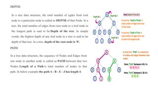 In a tree data structure, the total number of egdes from root
node to a particular node is called as DEPTH of that Node. In a
tree, the total number of edges from root node to a leaf node in
the longest path is said to be Depth of the tree. In simple
words, the highest depth of any leaf node in a tree is said to be
depth of that tree. In a tree, depth of the root node is '0'.
DEPTH:
In a tree data structure, the sequence of Nodes and Edges from
one node to another node is called as PATH between that two
Nodes. Length of a Path is total number of nodes in that
path. In below example the path A - B - E - J has length 4.
PATH:
 