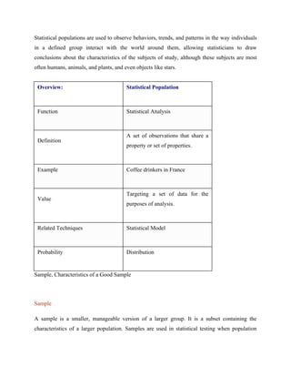 Statistical populations are used to observe behaviors, trends, and patterns in the way individuals
in a defined group interact with the world around them, allowing statisticians to draw
conclusions about the characteristics of the subjects of study, although these subjects are most
often humans, animals, and plants, and even objects like stars.
Overview: Statistical Population
Function Statistical Analysis
Definition
A set of observations that share a
property or set of properties.
Example Coffee drinkers in France
Value
Targeting a set of data for the
purposes of analysis.
Related Techniques Statistical Model
Probability Distribution
Sample, Characteristics of a Good Sample
Sample
A sample is a smaller, manageable version of a larger group. It is a subset containing the
characteristics of a larger population. Samples are used in statistical testing when population
 