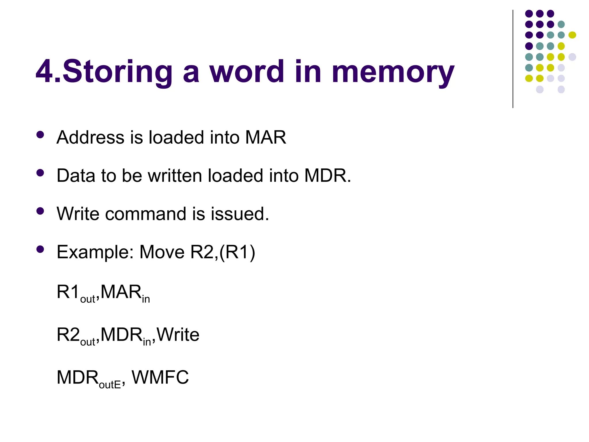 4.Storing a word in memory
 Address is loaded into MAR
 Data to be written loaded into MDR.
 Write command is issued.
 Example: Move R2,(R1)
R1out,MARin
R2out,MDRin,Write
MDRoutE, WMFC
 