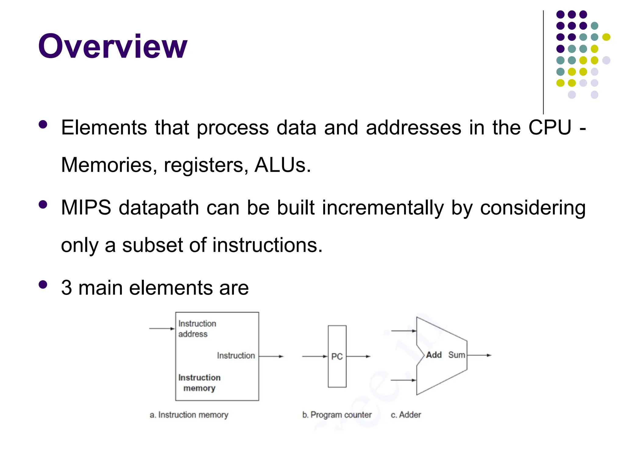 Overview
 Elements that process data and addresses in the CPU -
Memories, registers, ALUs.
 MIPS datapath can be built incrementally by considering
only a subset of instructions.
 3 main elements are
 
