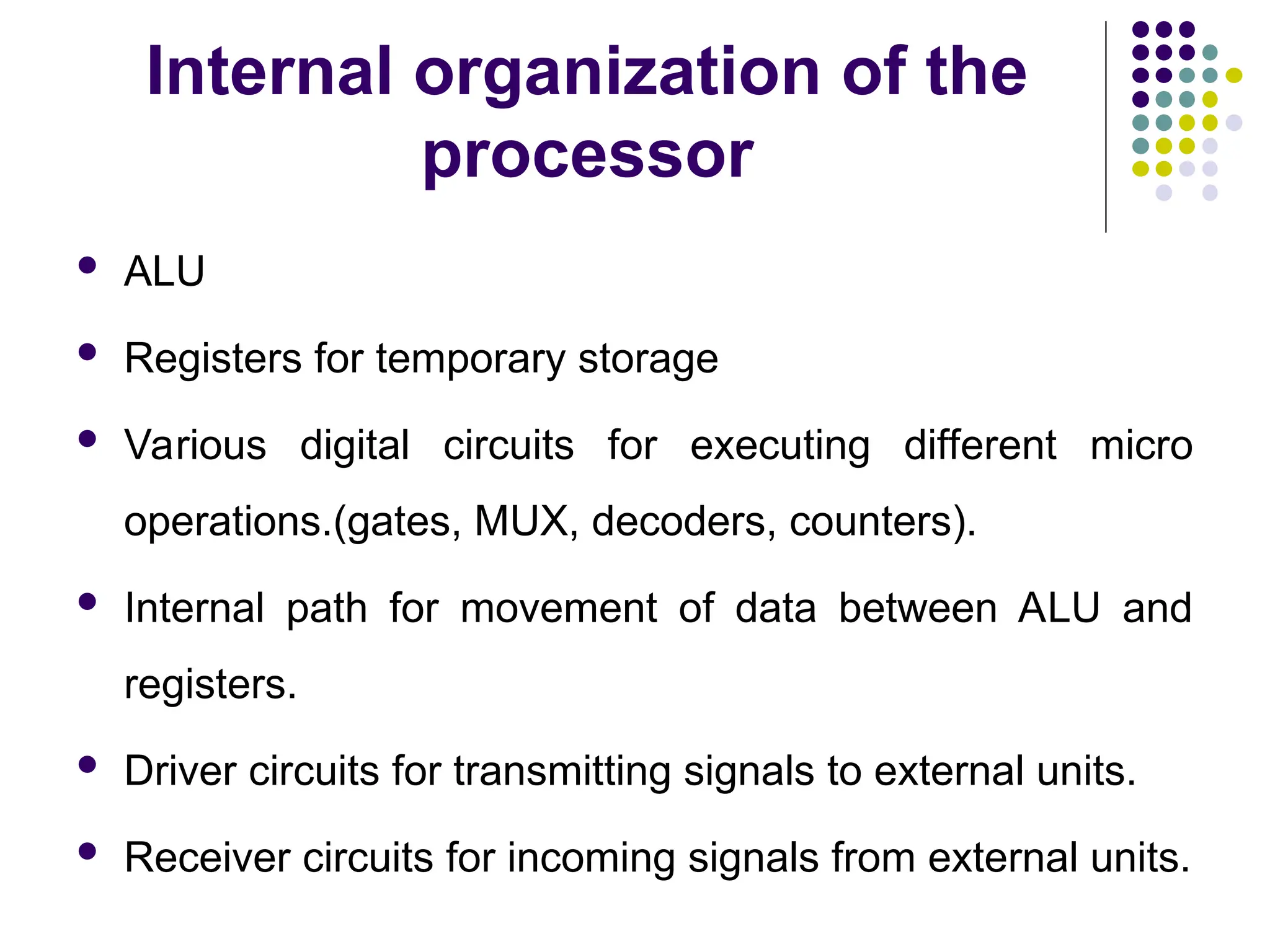 Internal organization of the
processor
 ALU
 Registers for temporary storage
 Various digital circuits for executing different micro
operations.(gates, MUX, decoders, counters).
 Internal path for movement of data between ALU and
registers.
 Driver circuits for transmitting signals to external units.
 Receiver circuits for incoming signals from external units.
 