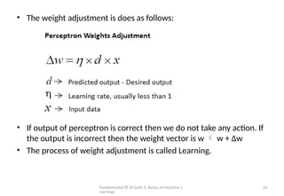Fundamental Of AI (unit 3: Basics of Machine L
earning)
14
• The weight adjustment is does as follows:
• If output of perceptron is correct then we do not take any action. If
the output is incorrect then the weight vector is w  w + ∆w
• The process of weight adjustment is called Learning.
 