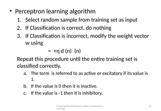 Fundamental Of AI (unit 3: Basics of Machine L
earning)
15
• Perceptron learning algorithm
1. Select random sample from training set as input
2. If Classification is correct, do nothing
3. If Classification is incorrect, modify the weight vector
w using
= +η d (n) (n)
Repeat this procedure until the entire training set is
classified correctly.
a. The term is referred to as active or excitatory if its value is
1.
b. If the value is 0 then it is inactive.
c. If the value is -1 then it is inhibitory.
 