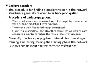 Fundamental Of AI (unit 3: Basics of Machine L
earning)
19
 Backpropagation:
• The procedure for finding a gradient vector in the network
structure is generally referred to as back propagation.
• Procedure of back propagation:
– The output values are compared with the target to compute the
value of some predefined error function.
– The error is then feedback through the network
– Using this information , the algorithm adjust the weights of each
connection in order to reduce the value of the error function.
• Generally the back propogation network has two stages ,
training and testing. During the training phase the network
is shown simple input and the correct classifications.
 