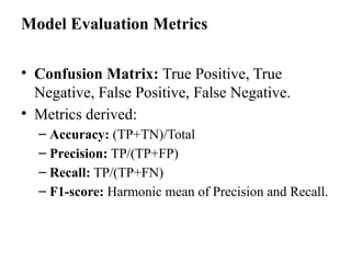 Model Evaluation Metrics
• Confusion Matrix: True Positive, True
Negative, False Positive, False Negative.
• Metrics derived:
– Accuracy: (TP+TN)/Total
– Precision: TP/(TP+FP)
– Recall: TP/(TP+FN)
– F1-score: Harmonic mean of Precision and Recall.
 