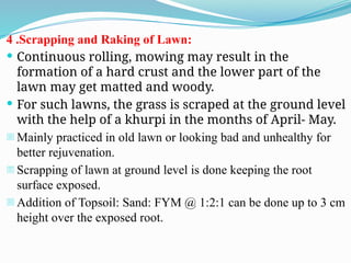 4 .Scrapping and Raking of Lawn:
 Continuous rolling, mowing may result in the
formation of a hard crust and the lower part of the
lawn may get matted and woody.
 For such lawns, the grass is scraped at the ground level
with the help of a khurpi in the months of April- May.
- Mainly practiced in old lawn or looking bad and unhealthy for
better rejuvenation.
- Scrapping of lawn at ground level is done keeping the root
surface exposed.
- Addition of Topsoil: Sand: FYM @ 1:2:1 can be done up to 3 cm
height over the exposed root.
 