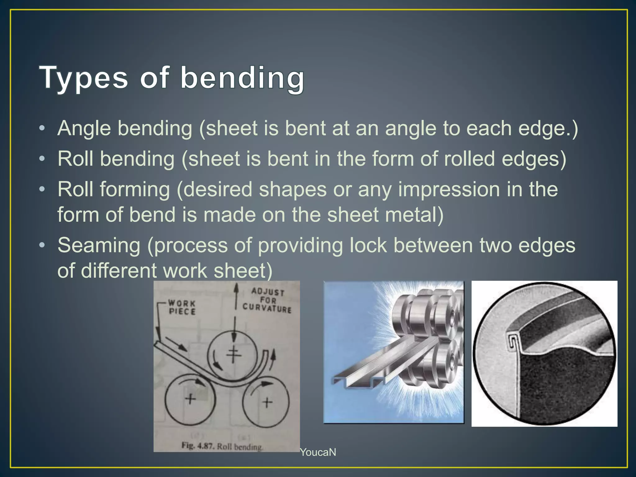 • Angle bending (sheet is bent at an angle to each edge.)
• Roll bending (sheet is bent in the form of rolled edges)
• Roll forming (desired shapes or any impression in the
form of bend is made on the sheet metal)
• Seaming (process of providing lock between two edges
of different work sheet)
YoucaN
 