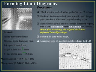 Procedure:
 Blank sheet is marked with a grid of circles (2.5-5mm).
 The blank is then stretched over a punch, until the grid
pattern deforms where necking and tearing occur.
 The deformed circles are measured in the failed region,
that is the major strain, and miner strain are obtained:
that is after stretching, the original circle has
deformed into ellipse shape
 typically 10 data points taken.
 A series of tests on a certain metal produces the FLD.
Major Strain: (5-4)/4 * 100 = 25%
Minor strain: (3.2-4)/4 * 100 = -20%
Example:
Before punch stretch test:
Original circle diameter: 4mm
After punch stretch test:
Major ellipse axis : 5mm
Minor ellipse axis :3.2mm
 