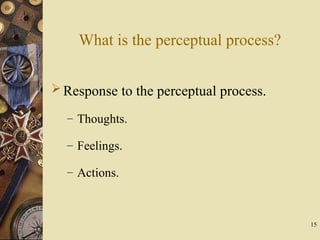 15
What is the perceptual process?
Response to the perceptual process.
– Thoughts.
– Feelings.
– Actions.
 
