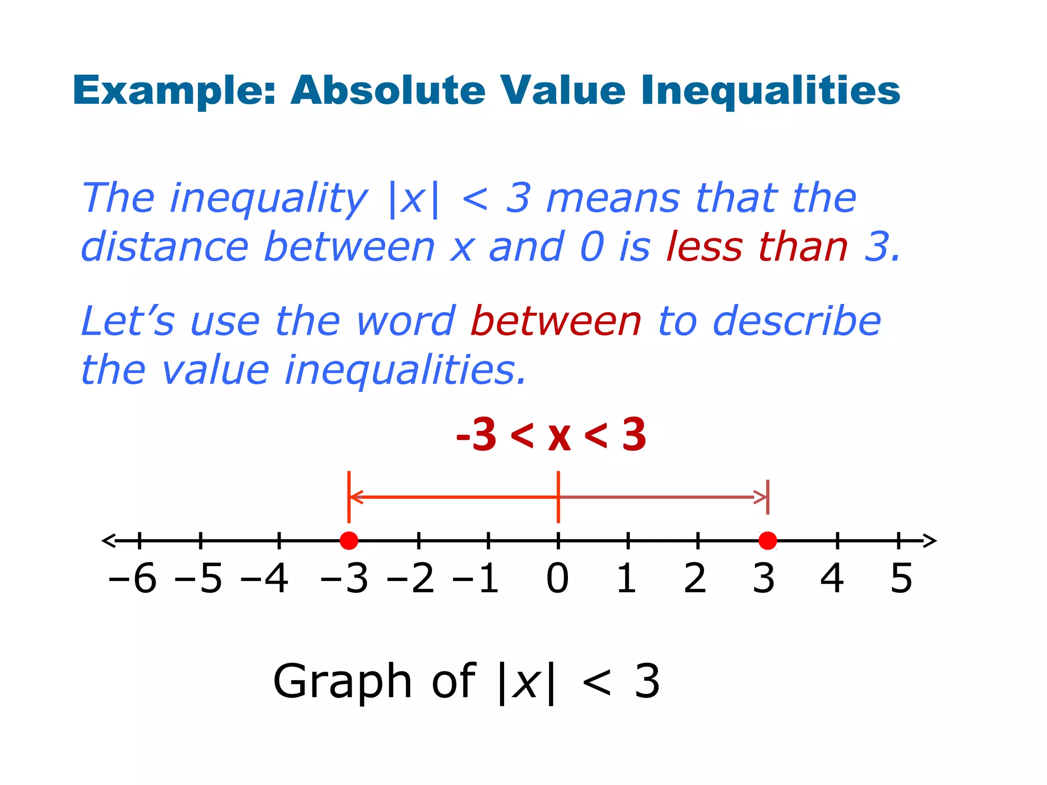 Example: Absolute Value Inequalities

The inequality |x| < 3 means that the
distance between x and 0 is less than 3.
Let’s use the word between to describe
the value inequalities.
                  -3 < x < 3

 –6 –5 –4 –3 –2 –1    0   1    2   3   4   5

         Graph of |x| < 3
 