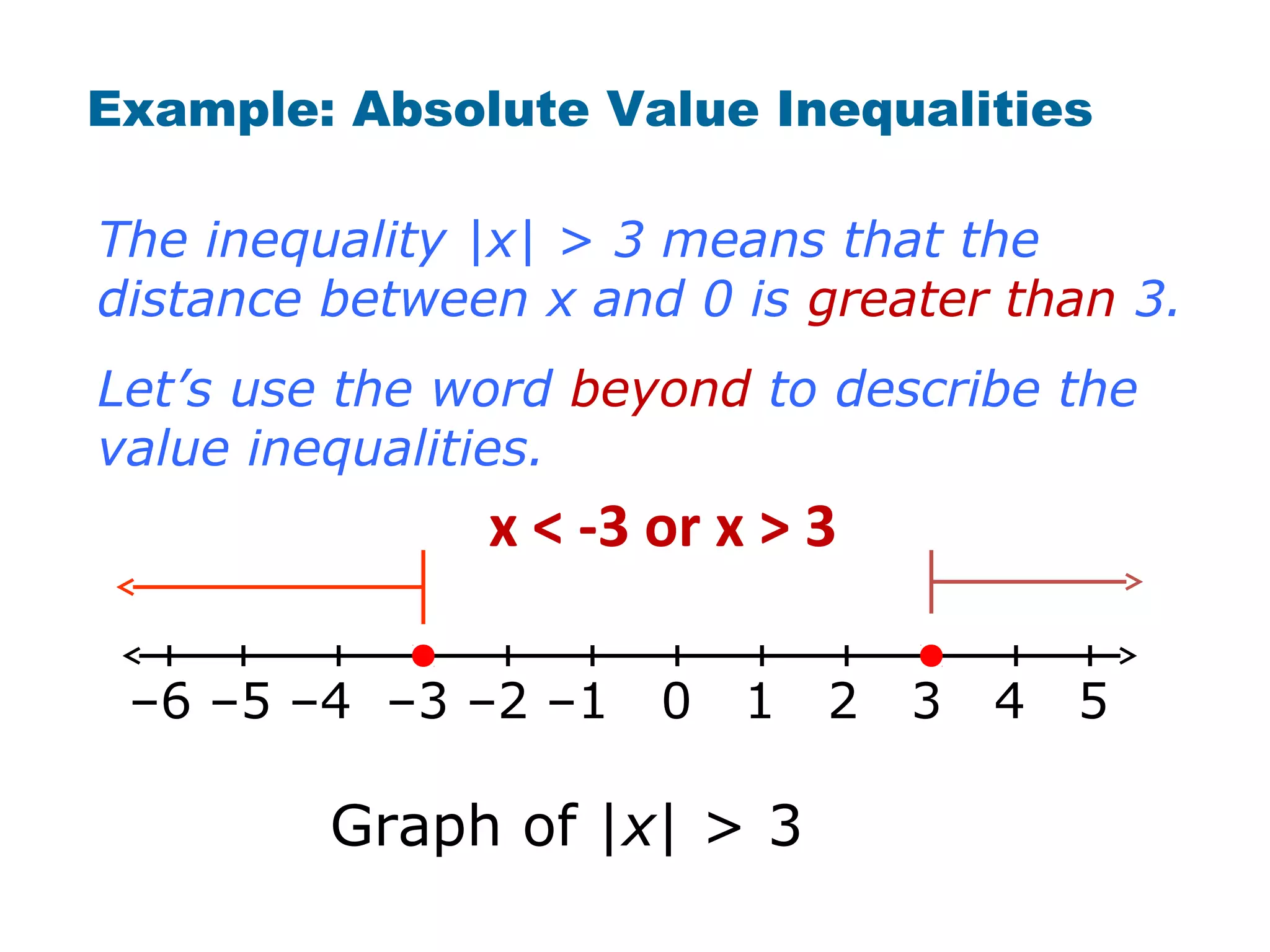 Example: Absolute Value Inequalities

The inequality |x| > 3 means that the
distance between x and 0 is greater than 3.
Let’s use the word beyond to describe the
value inequalities.
               x < -3 or x > 3

 –6 –5 –4 –3 –2 –1    0   1   2   3   4   5

         Graph of |x| > 3
 