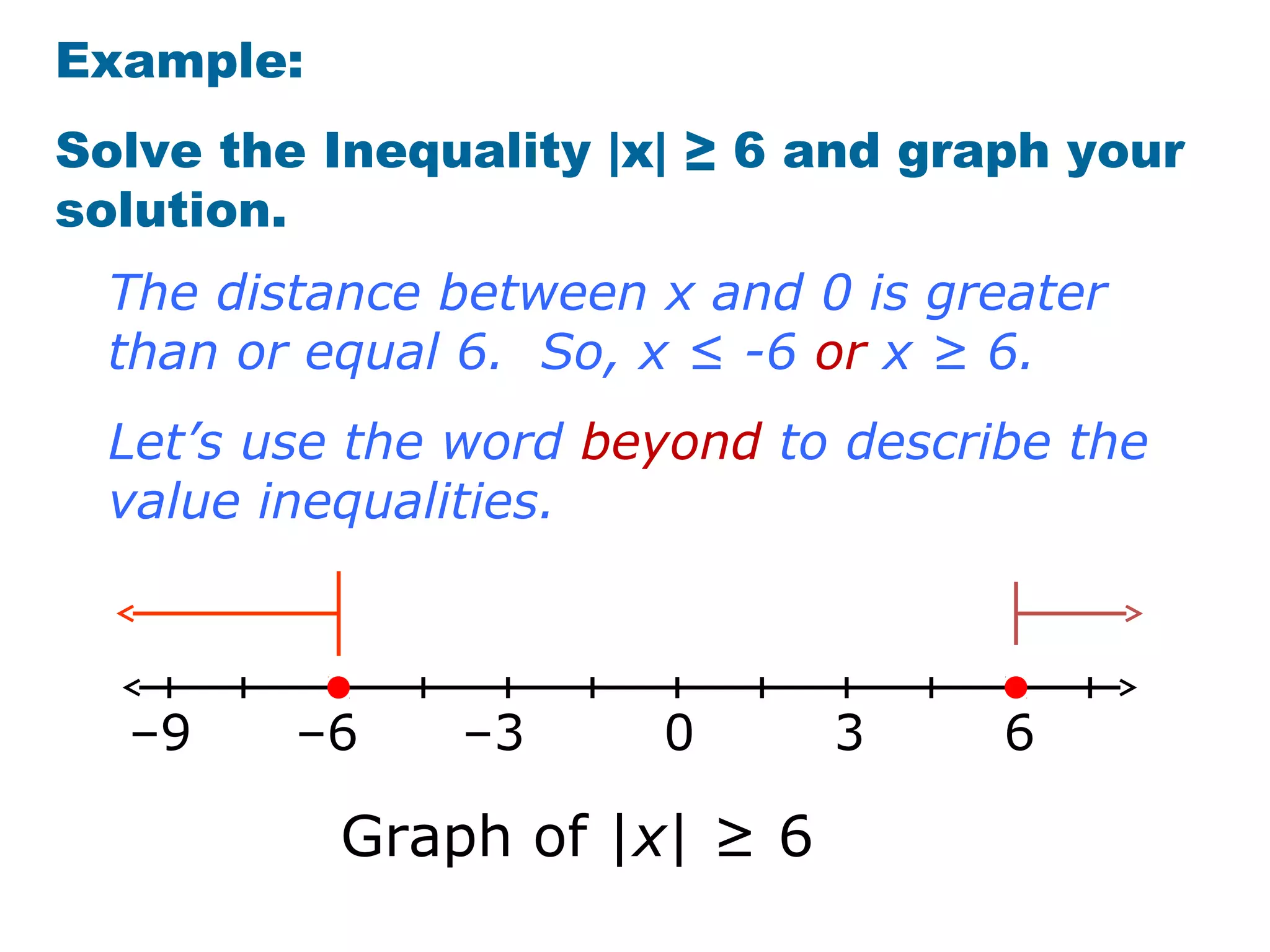 Example:
Solve the Inequality |x| ≥ 6 and graph your
solution.
  The distance between x and 0 is greater
  than or equal 6. So, x ≤ -6 or x ≥ 6.
  Let’s use the word beyond to describe the
  value inequalities.



  –9     –6    –3      0      3      6

           Graph of |x| ≥ 6
 