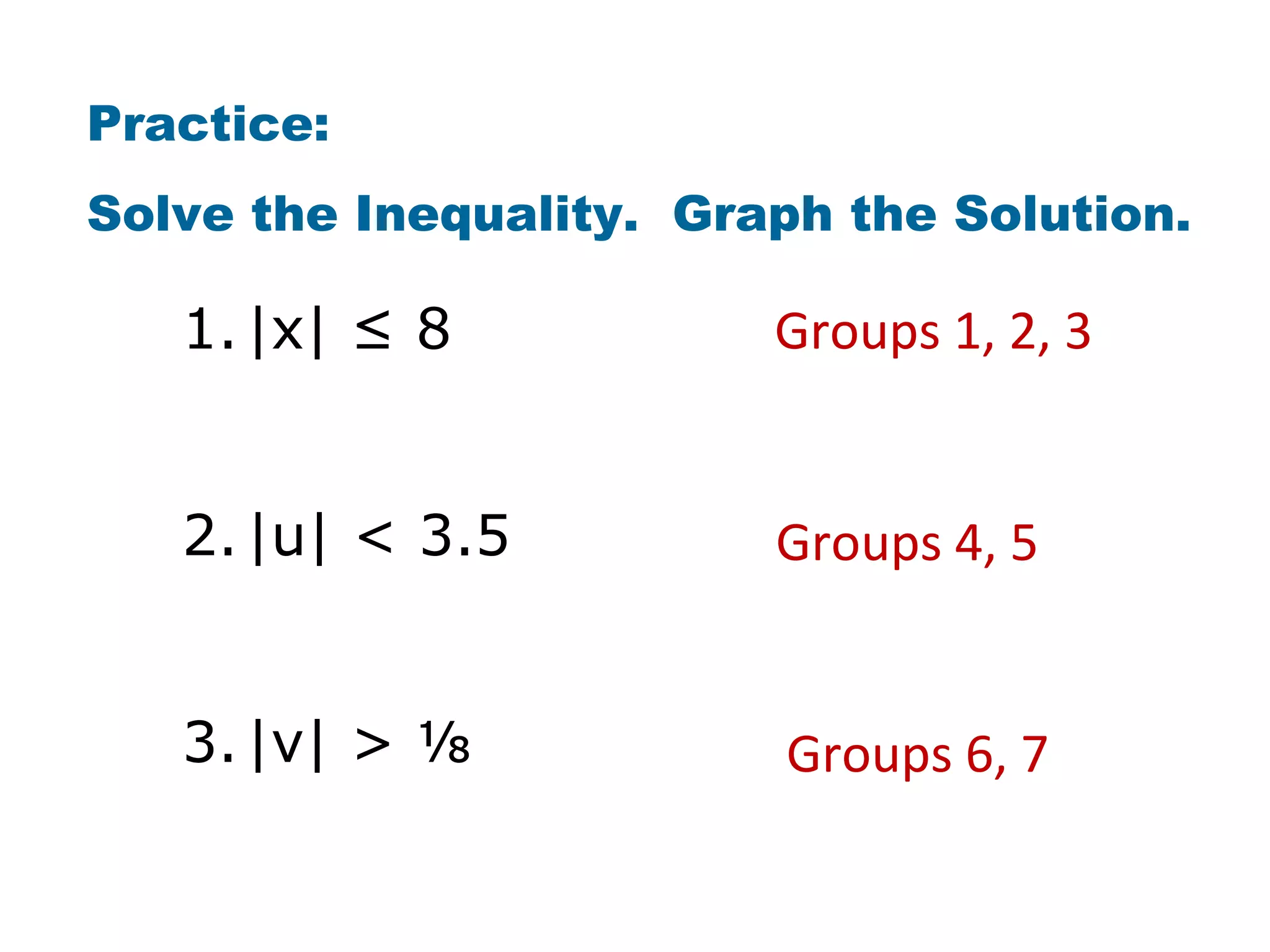 Practice:
Solve the Inequality. Graph the Solution.

   1. |x| ≤ 8            Groups 1, 2, 3


   2. |u| < 3.5          Groups 4, 5


   3. |v| > ⅛            Groups 6, 7
 