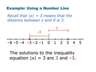 Example: Using a Number Line

Recall that |x| = 3 means that the
distance between x and 0 is 3.

                         3
               –3


–6 –5 –4 –3 –2 –1    0   1   2   3   4   5

 The solutions to the inequality
 equation |x| = 3 are 3 and –3.
 