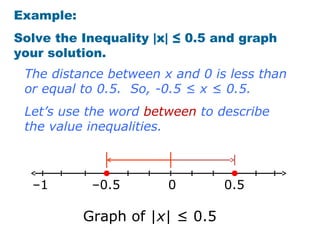 Example:
Solve the Inequality |x| ≤ 0.5 and graph
your solution.
 The distance between x and 0 is less than
 or equal to 0.5. So, -0.5 ≤ x ≤ 0.5.
 Let’s use the word between to describe
 the value inequalities.



  –1        –0.5       0        0.5

           Graph of |x| ≤ 0.5
 