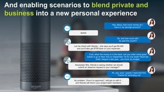 And enabling scenarios to blend private and
business into a new personal experience
Hey, Alexa, how much money do I
have in my savings account?
$2450
Cool, when the money is in the bank, can you order some good
tickets to go to New York on September 1st for one week? Book the
hotel I stayed in last year... you know my budget.
Let me check with Wanda... she says youll get $5,460
and youll also get $759 back on your expenses.
Ok, and how much will I
be paid this month?
Absolutely! Btw, Wanda is asking whether we should
submit an absence request to your manager?
Ah, yes, sure. I guess I need that first.
Thanks for reminding me!
No problem. Once it is approved, I will get on with it
and Wanda will inform your project team members.
Alexa
Alexa
Alexa
Alexa
 