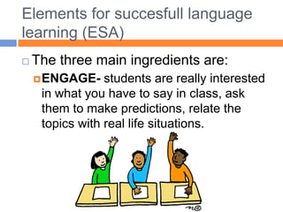 Elementsforsuccesfulllanguage learning (ESA)Thethreemainingredients are: ENGAGE- students are reallyinterested in whatyouhavetosay in class, askthemtomakepredictions, relate thetopicswith real lifesituations.