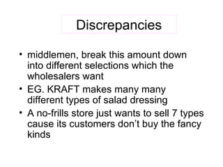 Discrepancies middlemen, break this amount down into different selections which the wholesalers want EG. KRAFT makes many many different types of salad dressing A no-frills store just wants to sell 7 types cause its customers don’t buy the fancy kinds 