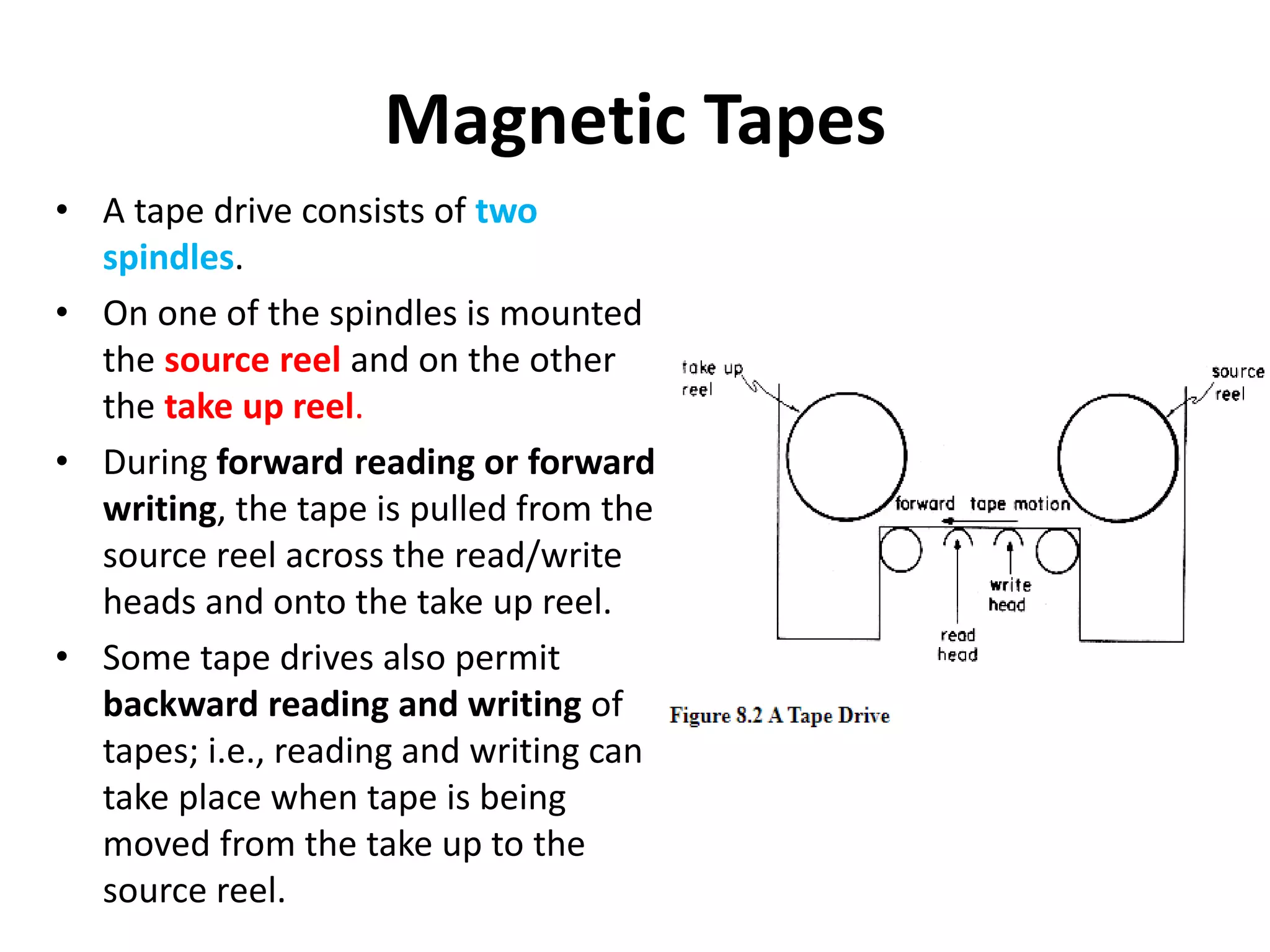 Magnetic Tapes
• A tape drive consists of two
spindles.
• On one of the spindles is mounted
the source reel and on the other
the take up reel.
• During forward reading or forward
writing, the tape is pulled from the
source reel across the read/write
heads and onto the take up reel.
• Some tape drives also permit
backward reading and writing of
tapes; i.e., reading and writing can
take place when tape is being
moved from the take up to the
source reel.
 