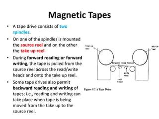 Magnetic Tapes
• A tape drive consists of two
spindles.
• On one of the spindles is mounted
the source reel and on the other
the take up reel.
• During forward reading or forward
writing, the tape is pulled from the
source reel across the read/write
heads and onto the take up reel.
• Some tape drives also permit
backward reading and writing of
tapes; i.e., reading and writing can
take place when tape is being
moved from the take up to the
source reel.
 