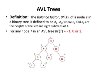 AVL Trees
• Definition: The balance factor, BF(T), of a node T in
a binary tree is defined to be hL -hR where hL and hR are
the heights of the left and right subtrees of T.
• For any node T in an AVL tree BF(T) = - 1, 0 or 1.
 