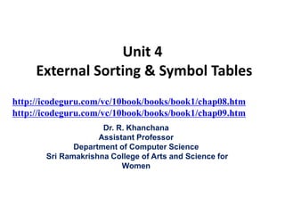 Unit 4
External Sorting & Symbol Tables
Dr. R. Khanchana
Assistant Professor
Department of Computer Science
Sri Ramakrishna College of Arts and Science for
Women
http://icodeguru.com/vc/10book/books/book1/chap08.htm
http://icodeguru.com/vc/10book/books/book1/chap09.htm
 
