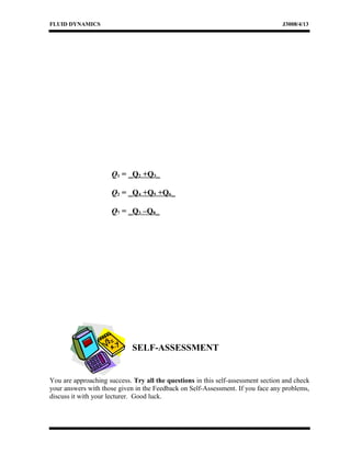 FLUID DYNAMICS J3008/4/13
Q1 = _Q2 +Q3_
Q2 = _Q4 +Q5 +Q6_
Q7 = _Q3 –Q8_
SELF-ASSESSMENT
You are approaching success. Try all the questions in this self-assessment section and check
your answers with those given in the Feedback on Self-Assessment. If you face any problems,
discuss it with your lecturer. Good luck.
 