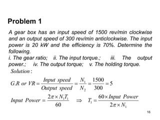 16
Problem 1
A gear box has an input speed of 1500 rev/min clockwise
and an output speed of 300 rev/min anticlockwise. The input
power is 20 kW and the efficiency is 70%. Determine the
following.
i. The gear ratio; ii. The input torque.; iii. The output
power.; iv. The output torque; v. The holding torque.
1
1
1
1
2
1
2
60
60
2
5
300
1500
.
:
N
Power
Input
T
T
N
Power
Input
N
N
speed
Output
speed
Input
VR
or
R
G
Solution












 