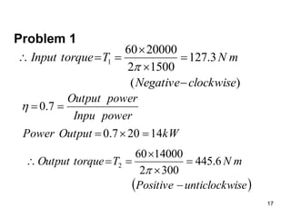 17
Problem 1
)
(
3
.
127
1500
2
20000
60
1
clockwise
Negative
m
N
T
torque
Input








kW
Output
Power
power
Inpu
power
Output
14
20
7
.
0
7
.
0






 
ise
unticlockw
Positive
m
N
T
torque
Output






 6
.
445
300
2
14000
60
2

 