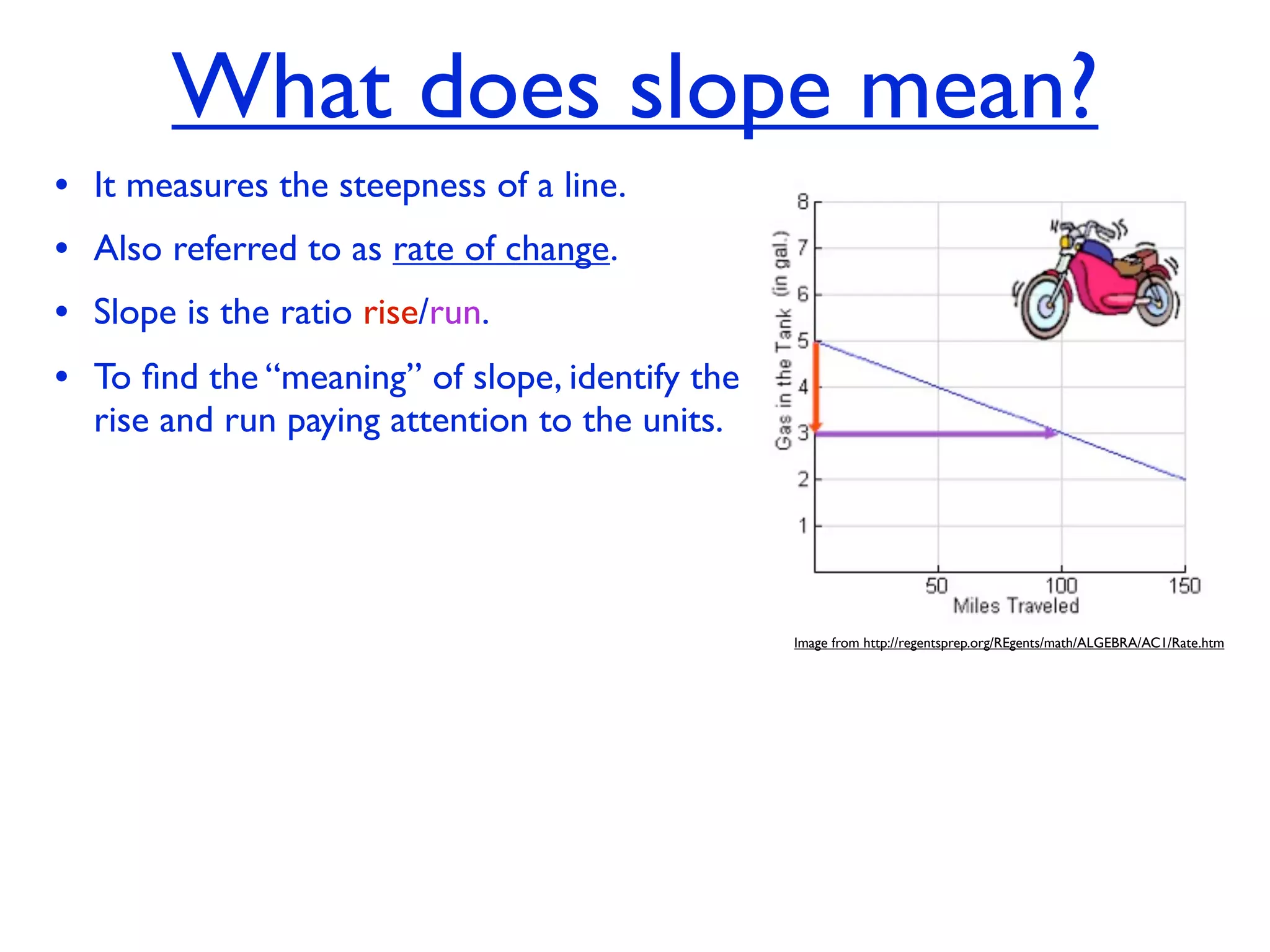 What does slope mean?
• It measures the steepness of a line.
• Also referred to as rate of change.
• Slope is the ratio rise/run.
• To ﬁnd the “meaning” of slope, identify the
  rise and run paying attention to the units.




                                                Image from http://regentsprep.org/REgents/math/ALGEBRA/AC1/Rate.htm
 