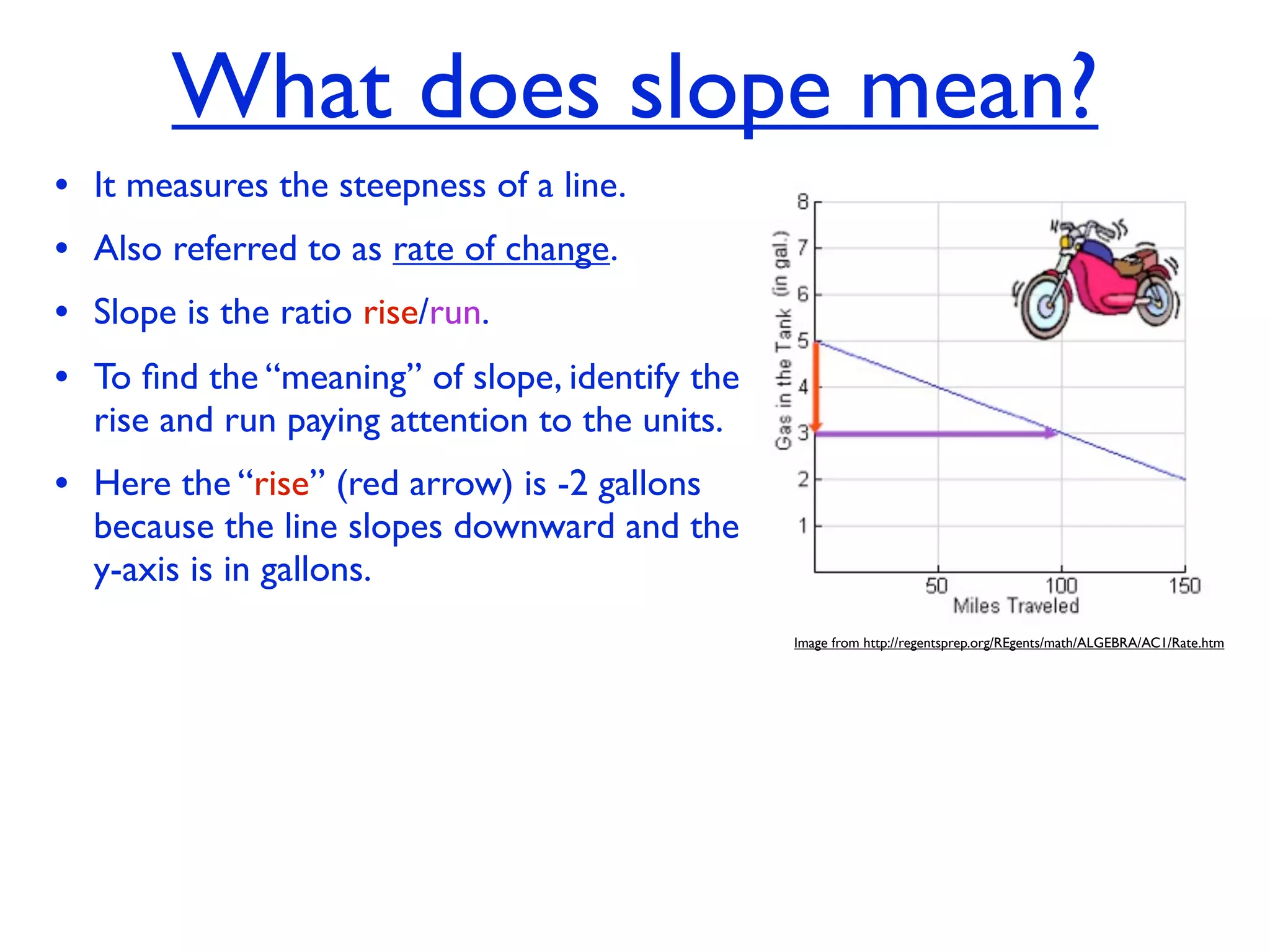 What does slope mean?
• It measures the steepness of a line.
• Also referred to as rate of change.
• Slope is the ratio rise/run.
• To ﬁnd the “meaning” of slope, identify the
  rise and run paying attention to the units.
• Here the “rise” (red arrow) is -2 gallons
  because the line slopes downward and the
  y-axis is in gallons.
                                                Image from http://regentsprep.org/REgents/math/ALGEBRA/AC1/Rate.htm
 