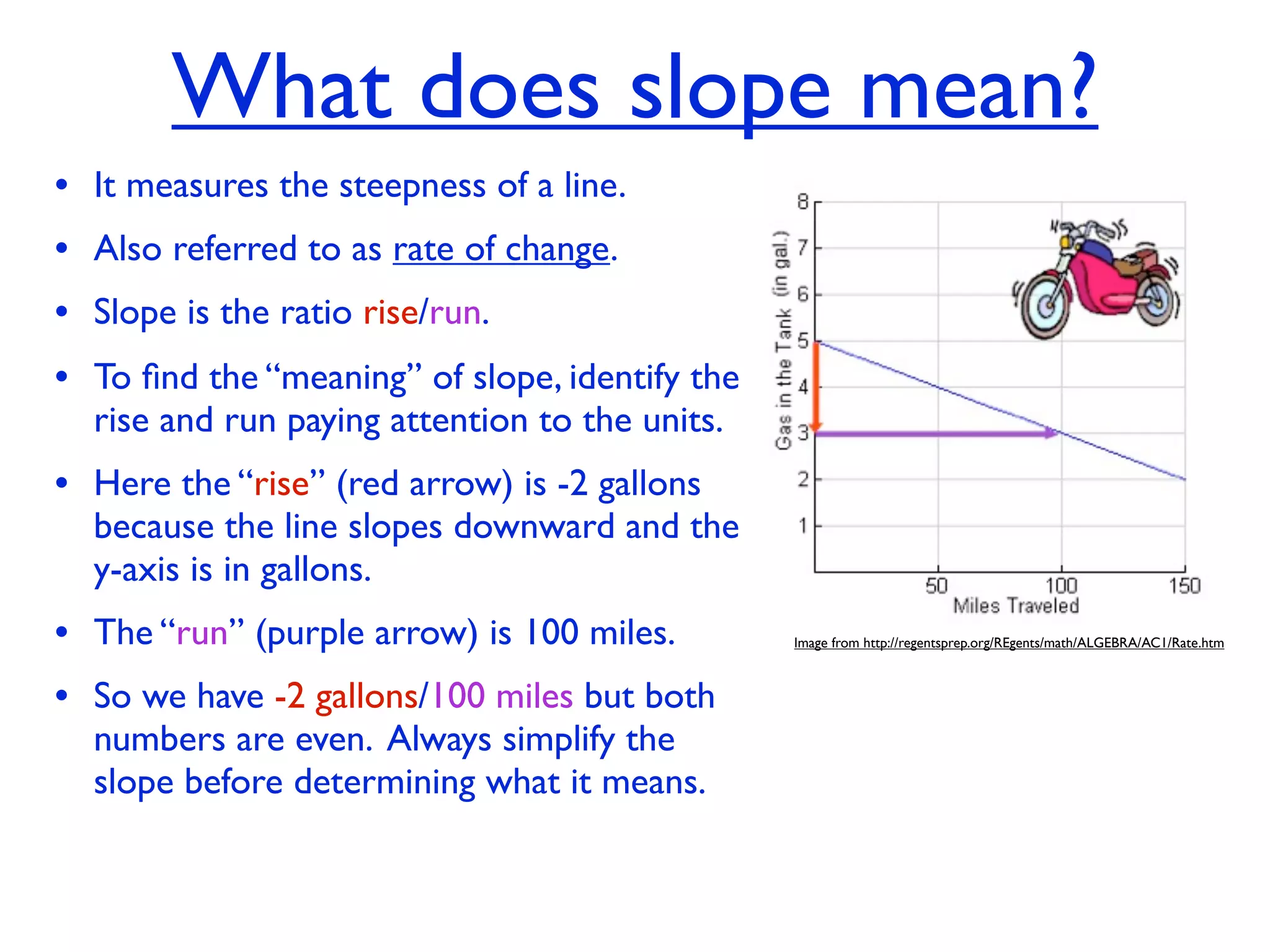 What does slope mean?
• It measures the steepness of a line.
• Also referred to as rate of change.
• Slope is the ratio rise/run.
• To ﬁnd the “meaning” of slope, identify the
  rise and run paying attention to the units.
• Here the “rise” (red arrow) is -2 gallons
  because the line slopes downward and the
  y-axis is in gallons.
• The “run” (purple arrow) is 100 miles.        Image from http://regentsprep.org/REgents/math/ALGEBRA/AC1/Rate.htm



• So we have -2 gallons/100 miles but both
  numbers are even. Always simplify the
  slope before determining what it means.
 
